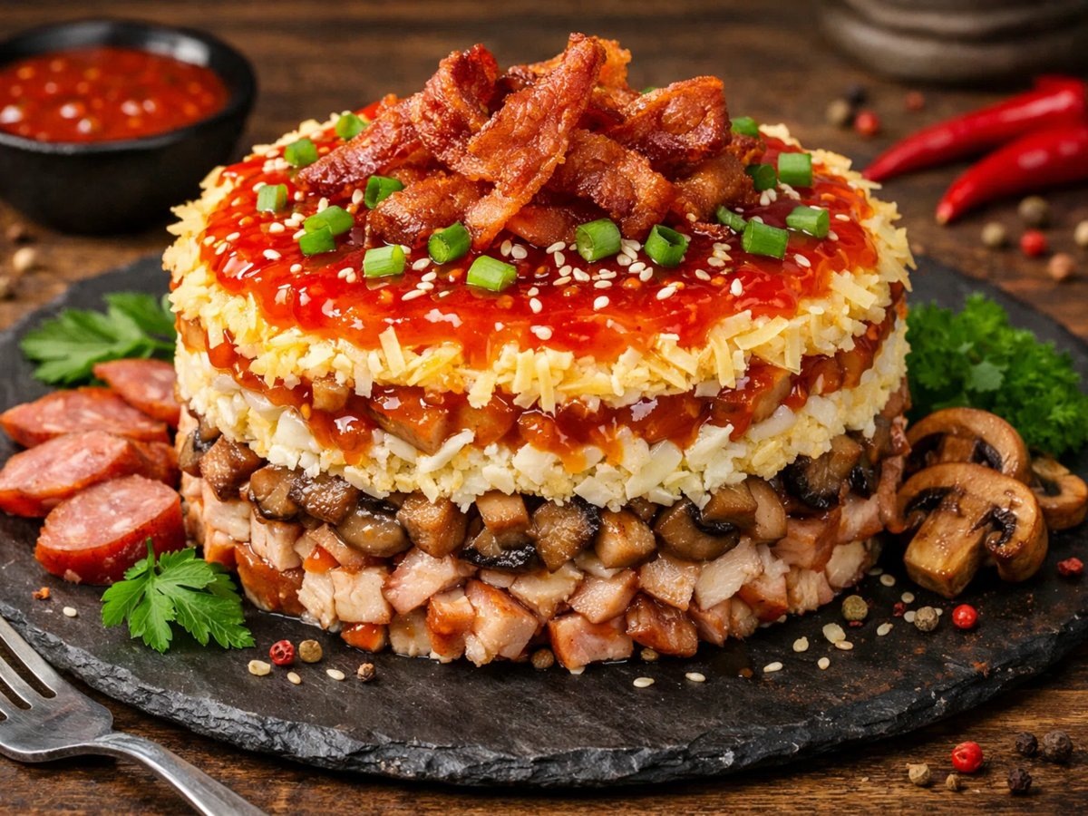    Главный секрет этого салата — соус «сладкий чили» в сочетании с майонезом