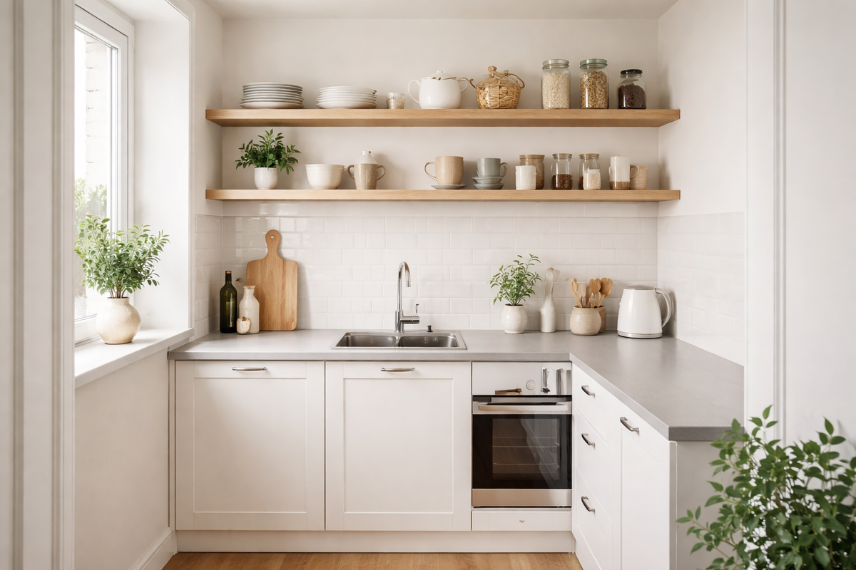 Небольшая кухня с открытыми полками вместо верхних шкафов — легкость и максимум света