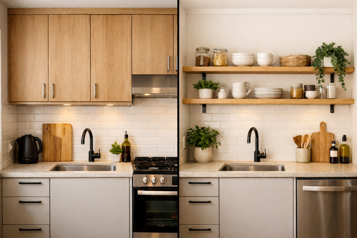 Сравнение кухни с верхними шкафами и открытыми полками 