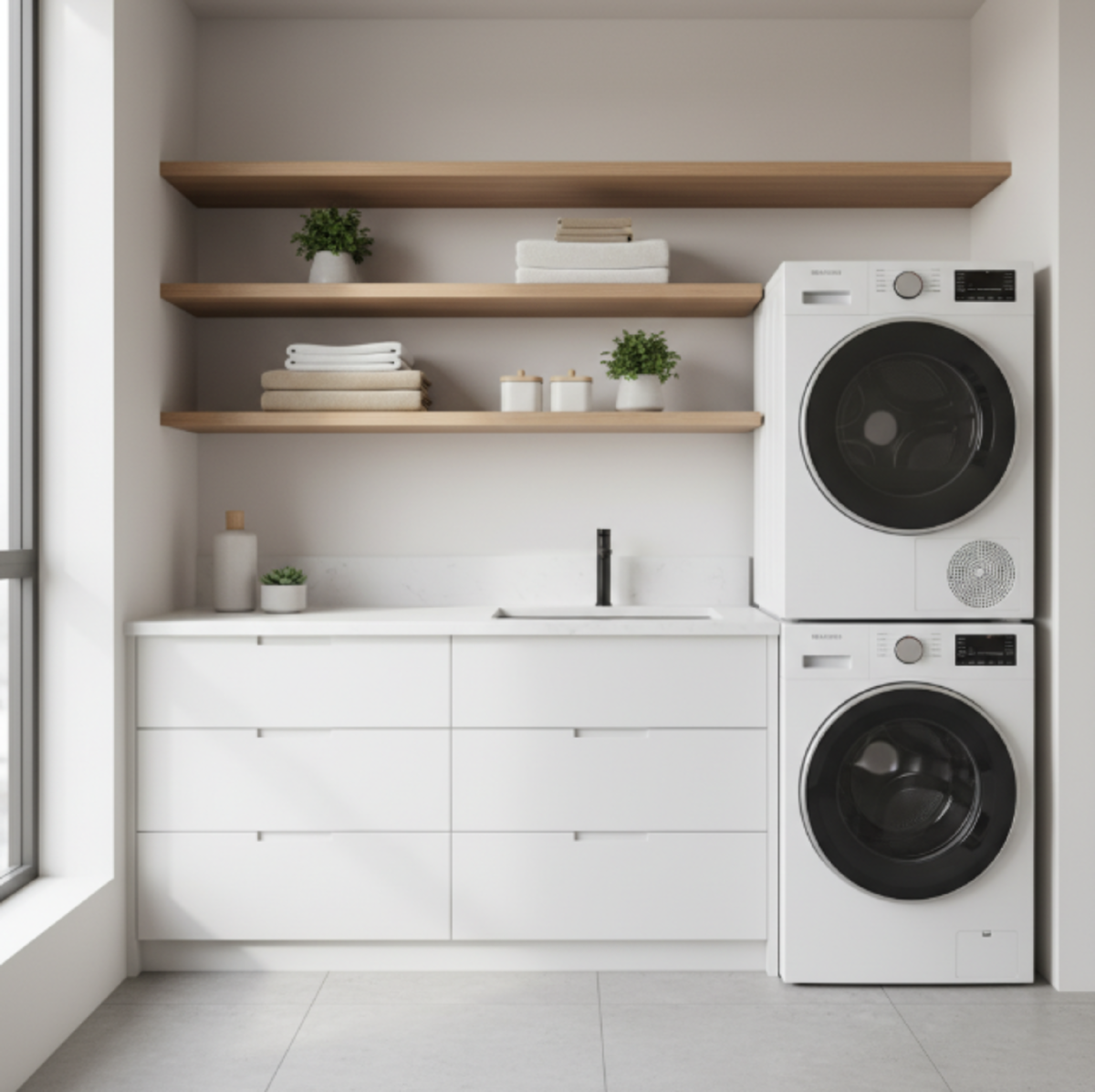 Современная бытовая техника для дома: стиральная и сушильная машина в квартире.