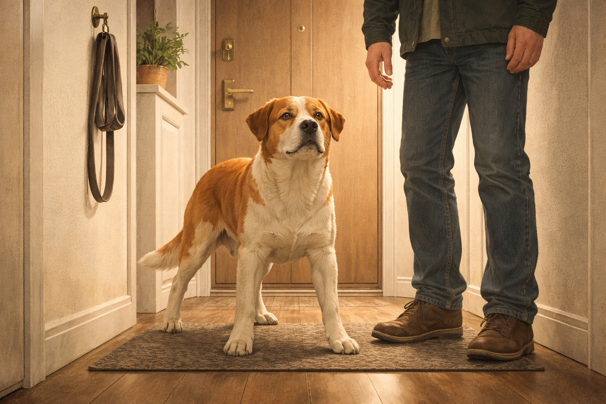 Пёс у двери перекрывает проход и просит остановиться на секунду