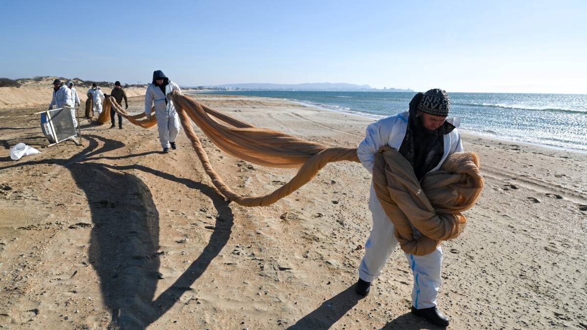    Установка сетей для защиты от нефтепродуктов. 08 февраля 2025 года / Фото: ТАСС / Игорь Онучин