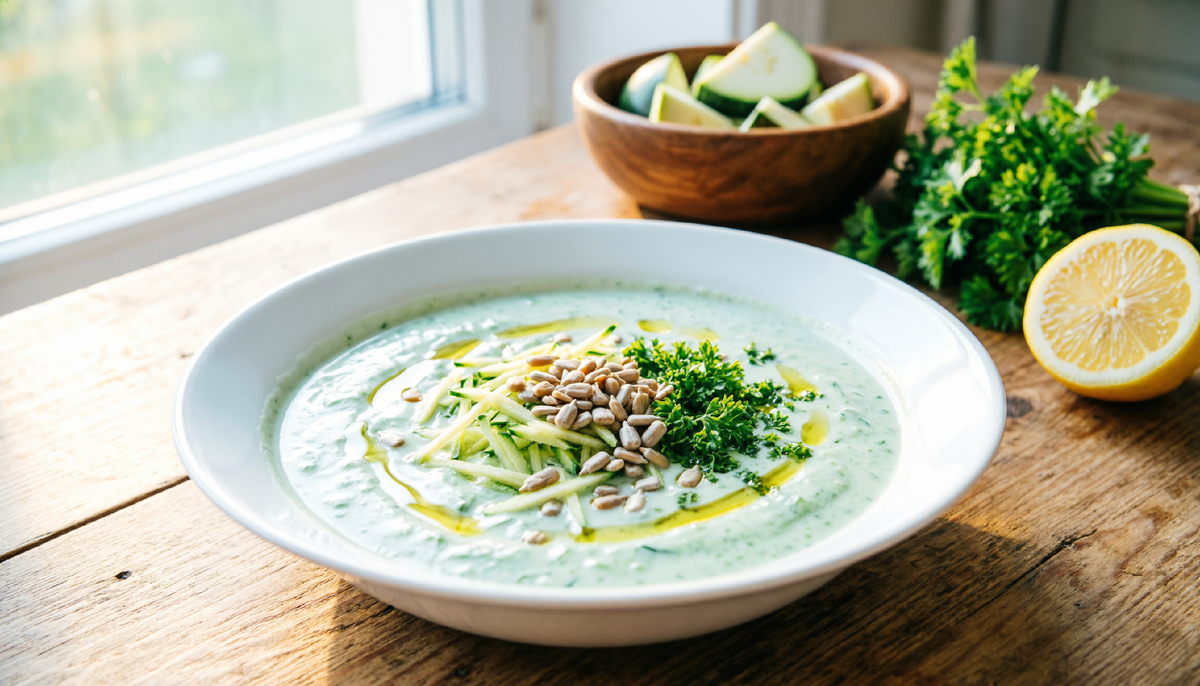 🥣 Болгарский йогуртовый суп “Таратор” по-казански: вместо огурца — кабачок, вместо грецких орехов — подсолнечные семечки. 