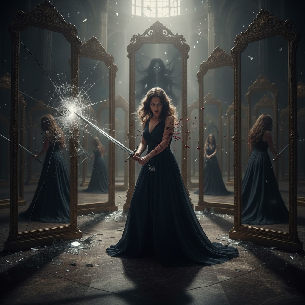  Вы стоите перед огромным зеркальным лабиринтом. В руках у вас меч, вы бьете по отражению, но вместо того чтобы разбить противника, вы раните саму себя, потому что в лабиринте нет никого, кроме ваших проекций и его искажений.