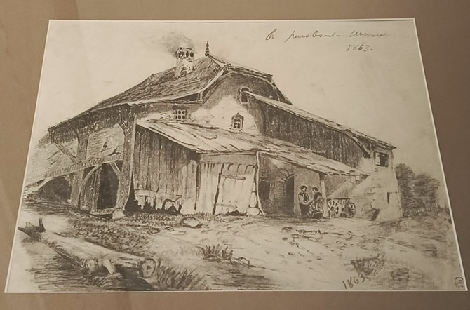 Федор Васильев. Сельский домик. 1863. Учебный рисунок с работы А. Калаама. Бумага, графитный карандаш. Государственный Русский музей / Фото автора с выставки