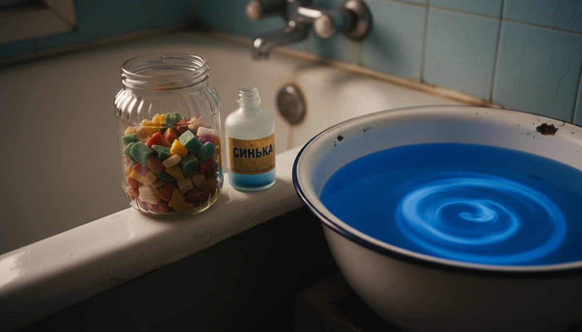 Синька и банка с обмылками в интерьере советской ванной