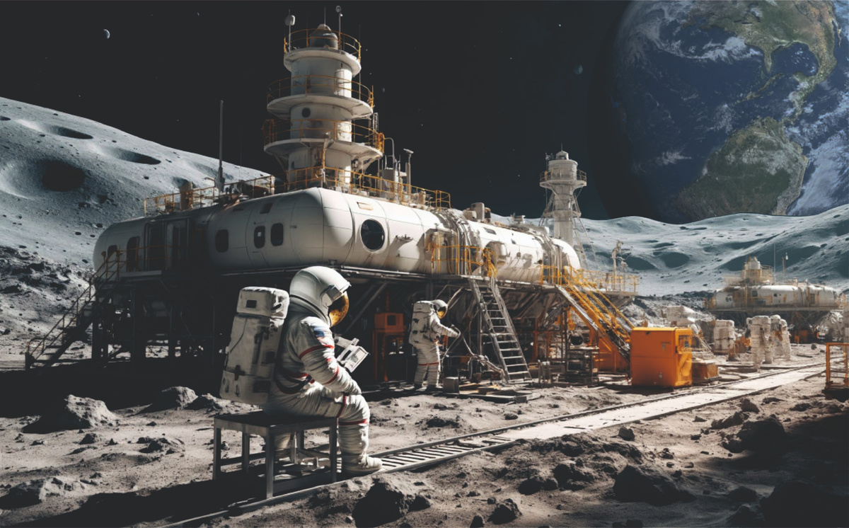 Будущее уже на Луне: фабрики среди кратеров.  Изображение созданно нейросетью.