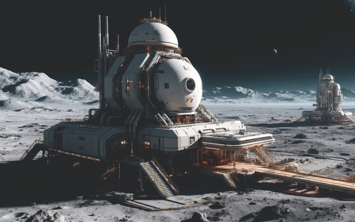 Лунные ресурсы: от мечты к заводу.  Изображение созданно нейросетью.