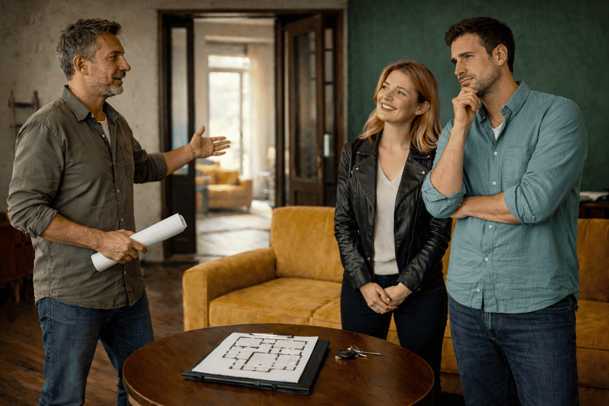 Продавец презентует квартиру семейной паре: перепланировка впечатляет жену, а муж не уверен