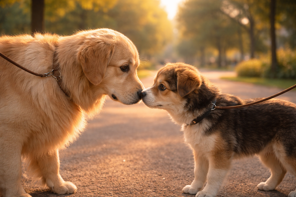 Взрослая собака и выросший щенок осторожно узнают друг друга по запаху