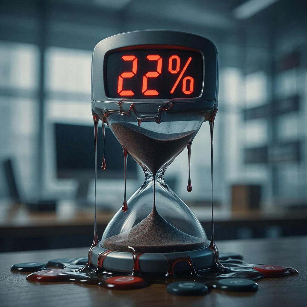 Крупный план бухгалтерского калькулятора. На красном дисплее горит число «22%». Корпус калькулятора как будто плавится и стекает каплями, символизируя потерю прибыли. Задний план размыт, видны очертания офиса.