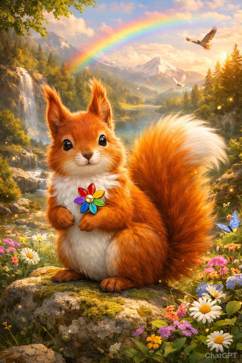 ИИ. белочку зовут Искорка. У нее есть брошка - Семицветик. Автор Легонькова Светлана