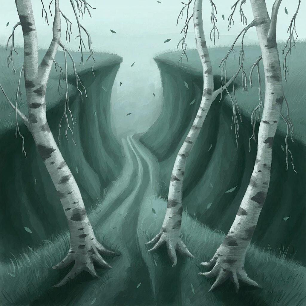 Три берёзы манят к себе, но тропа обрывается — словно предупреждение: здесь путь заканчивается.