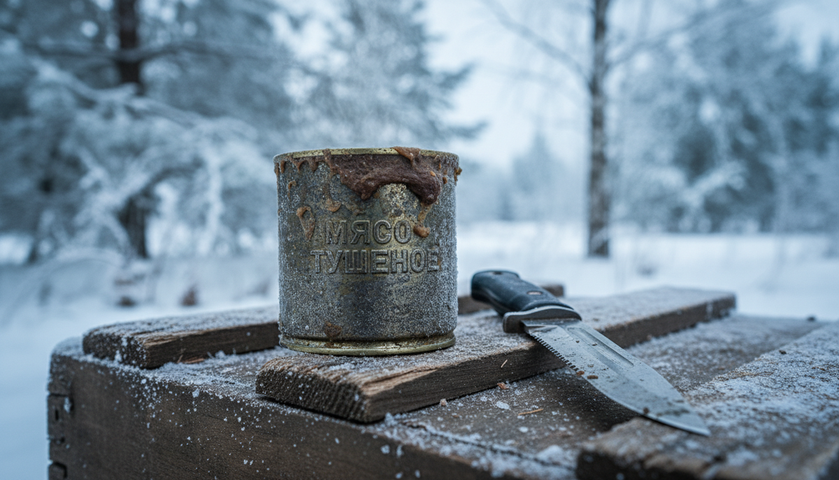 Советская тушенка в солидоле и армейский штык-нож в снегу