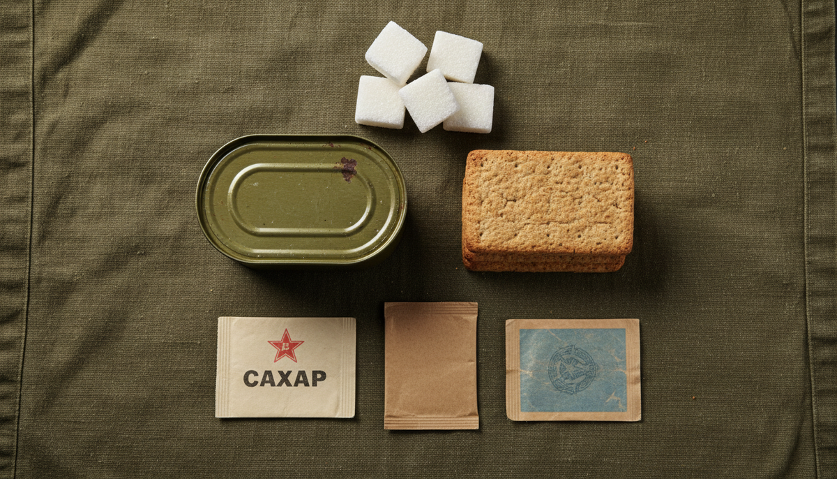 Раскладка армейского сухого пайка СССР на плащ-палатке
