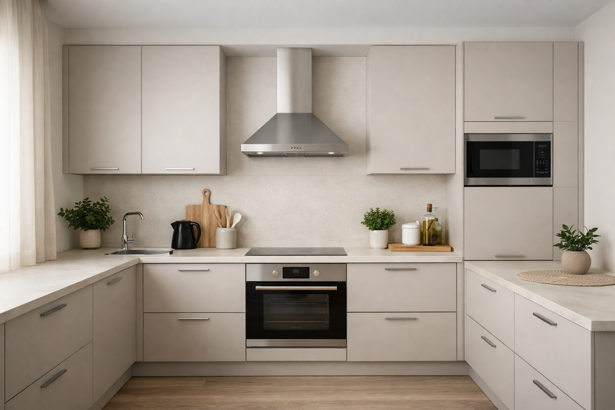 Кухня в стиле минимализм с купольной вытяжкой 60 см над варочной панелью