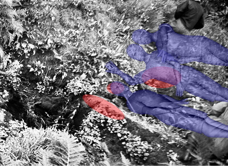 Схема автора, из статьи "Вот сказке конец", Часть 2 (ссылка выше).  Наложение профилей тел (Люда не показана, она на коленях и опирается грудью в переднее красное пятно)