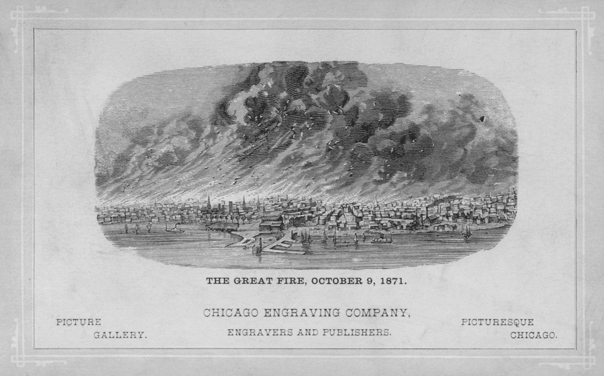 Гравюра, изображающая Великий чикагский пожар 9 октября 1871 года