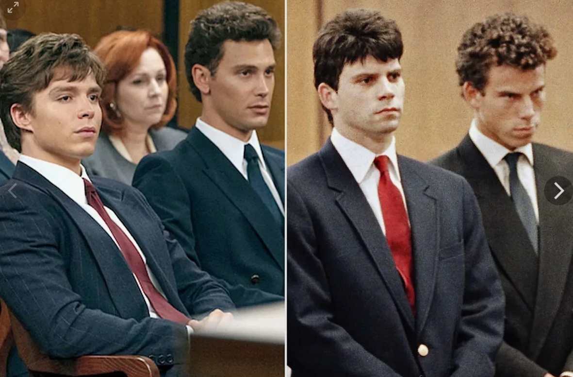 Братья Менендес в сериале (слева) и в реальной жизни на суде