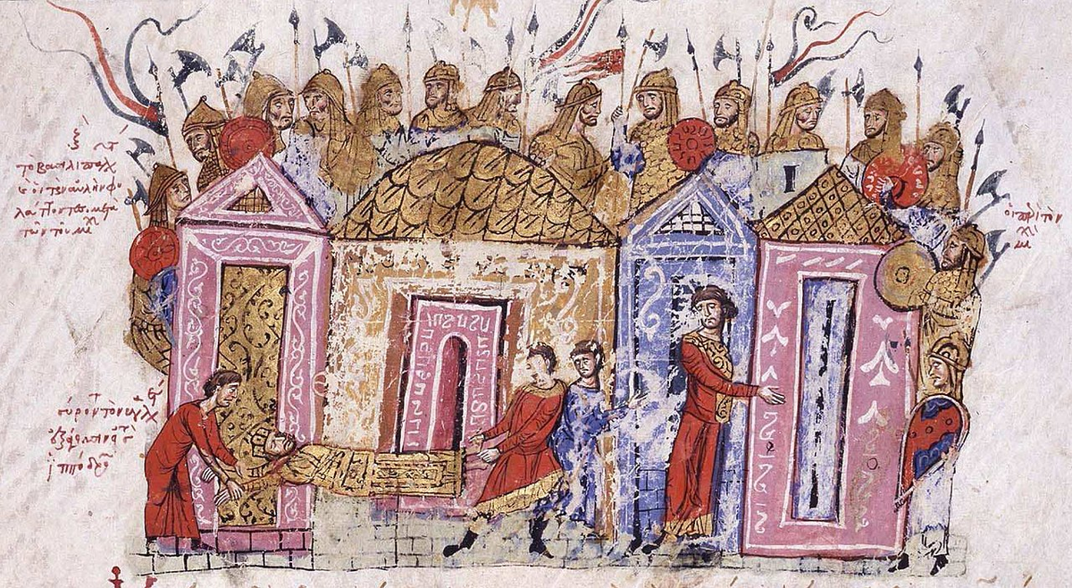 Варяжская стража (сверху) во время убийства византийского императора Михаила в 1042 году. Миниатюра "Мадридского Скилицы", XII век.