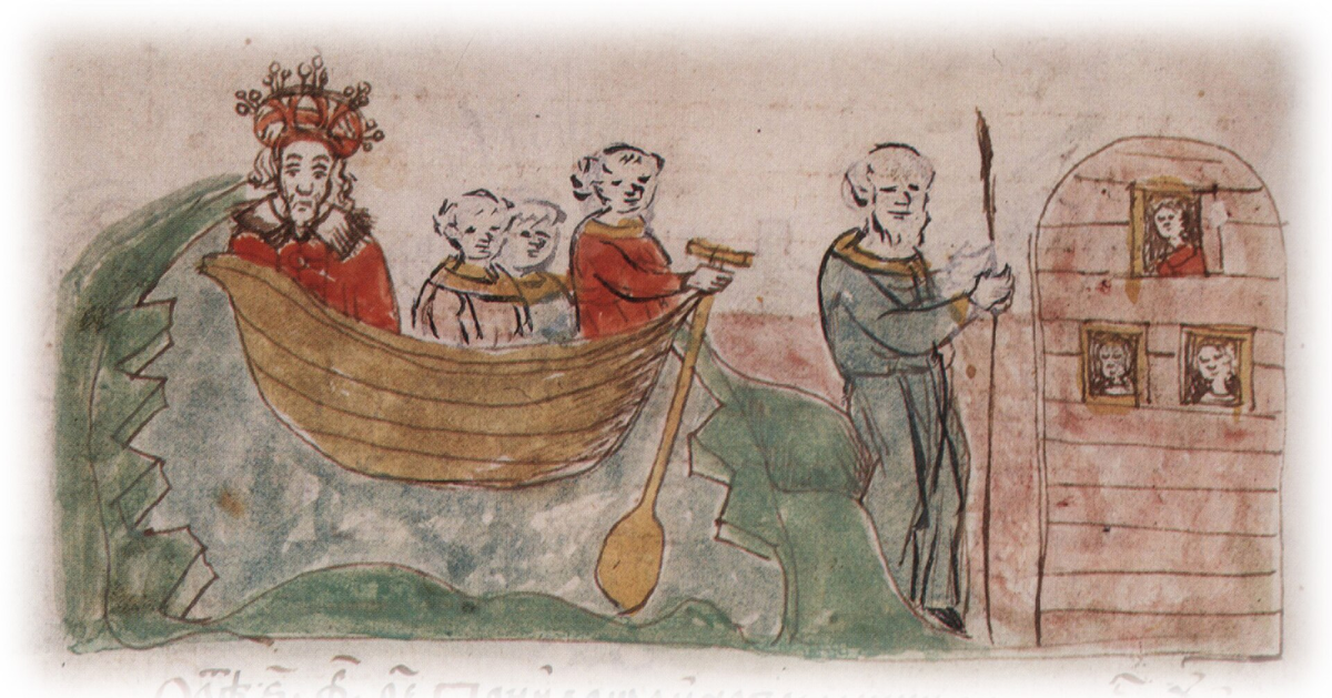 Всеслав Брячиславич вместе с двумя сыновьями переправляется в лодке через Днепр. Миниатюра Радзивиловской летописи