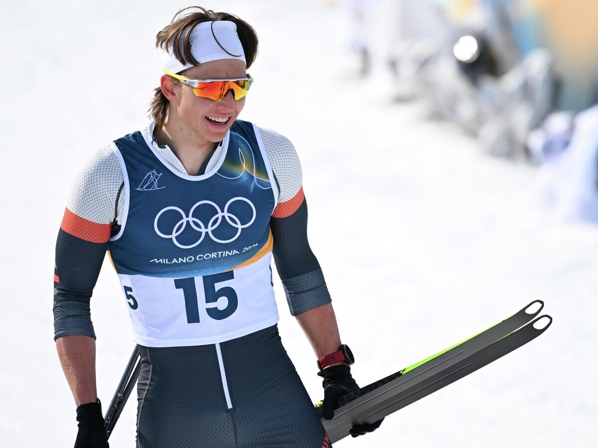    Российский спортсмен Савелий Коростелев после финиша в скиатлоне 10км + 10км соревнований по лыжным гонкам среди мужчин зимних Олимпийских игр 2026 | © РИА Новости