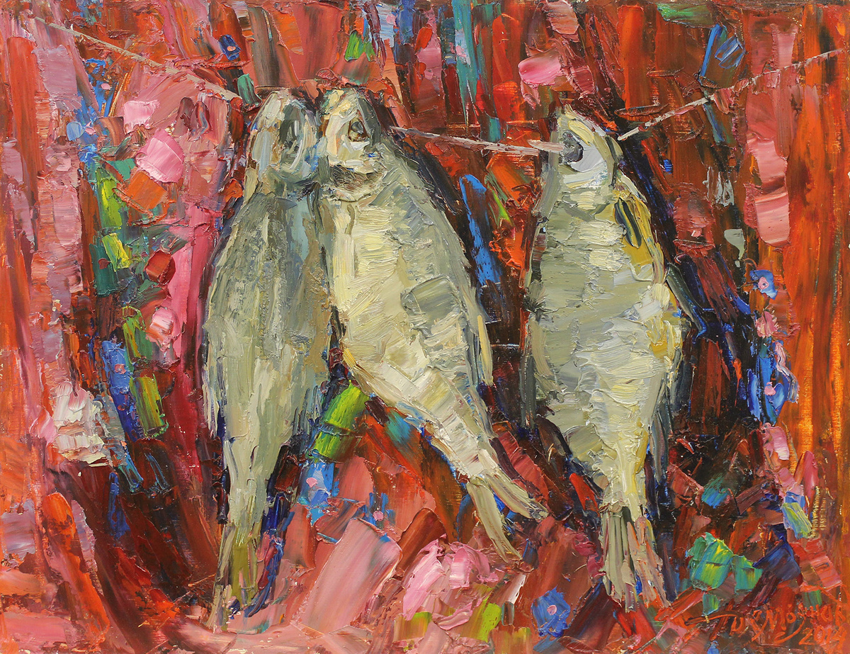 «Солёное на красном», ДВП, масло, 40 x 50 см, 2014 г.