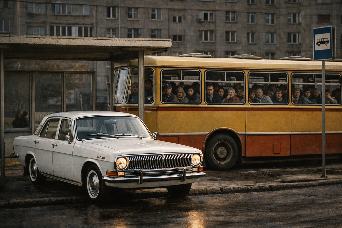  Контраст советских дорог: белая Волга и переполненный рейсовый автобус