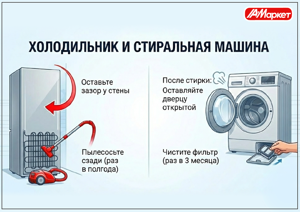 Рекомендации по эксплуатации холодильника и стиральной машины.