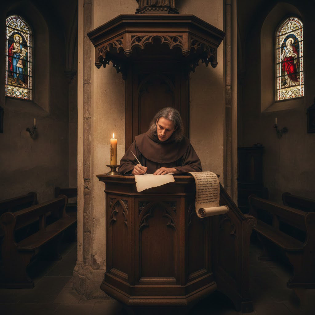 Монах летопись тайную пишет.