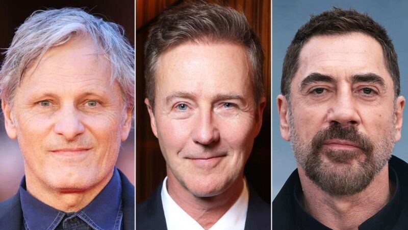    Хавьер Бардем, Вигго Мортенсен и Эдвард Нортон на одном из мероприятий.