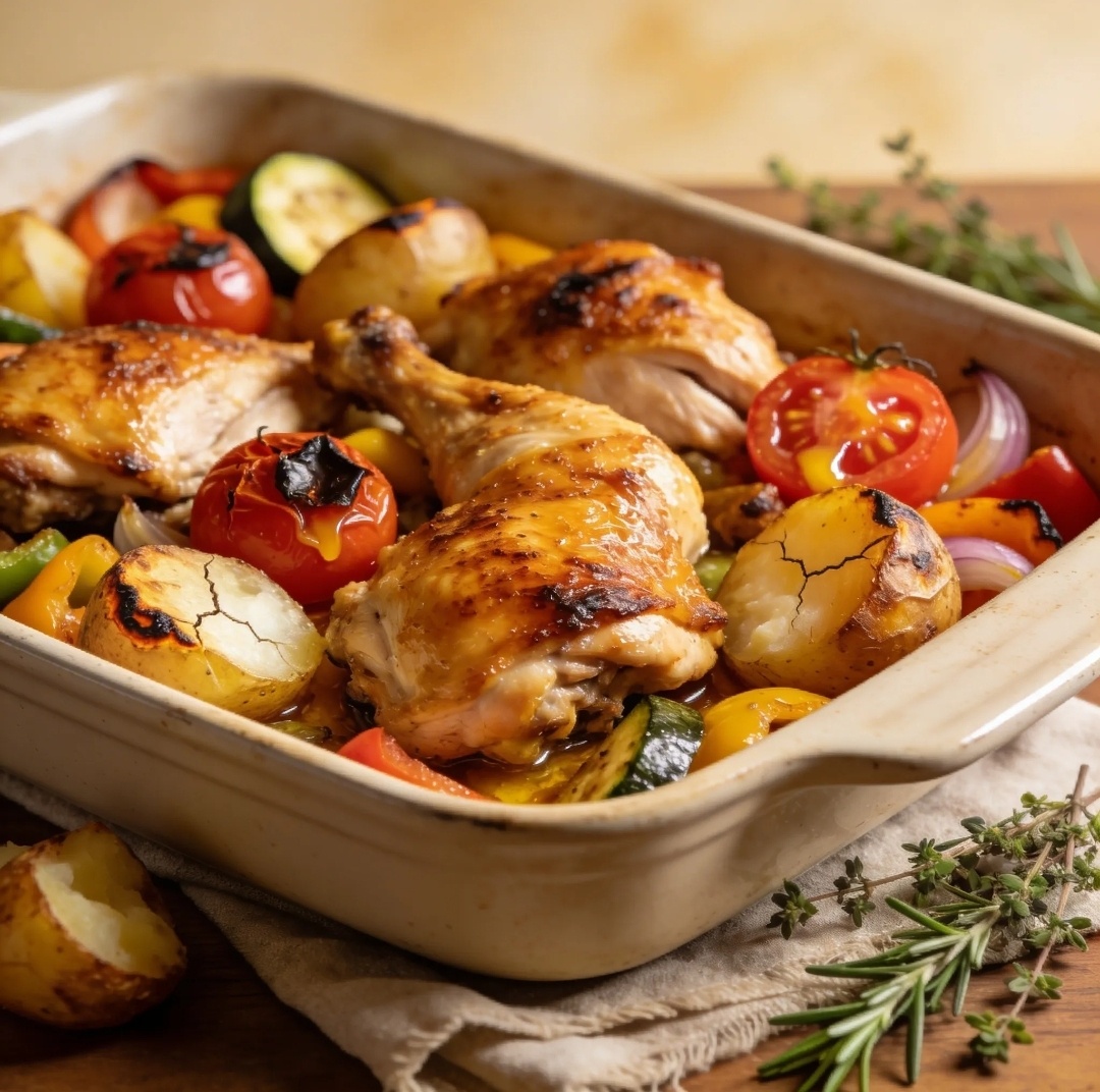 Курочка с хрустящей корочкой и овощами в одной сковородке 