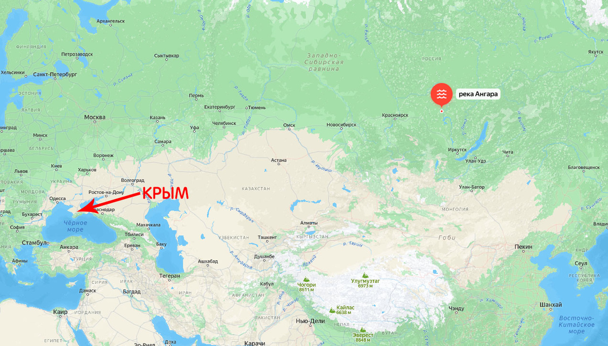 Расположение реки Ангары по отношению к Крыму