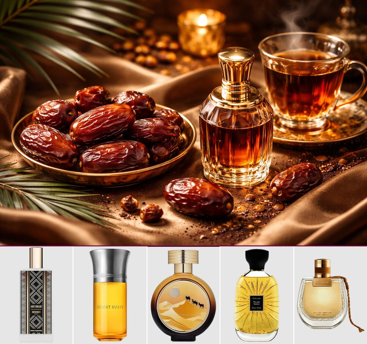 Парфюмы слева направо: Abu Dhabi Memo Paris, Desert Suave Les Liquides Imaginaires, Great Way Haute Fragrance Company HFC, 4, Nomade Naturelle Eau de Parfum Chloé