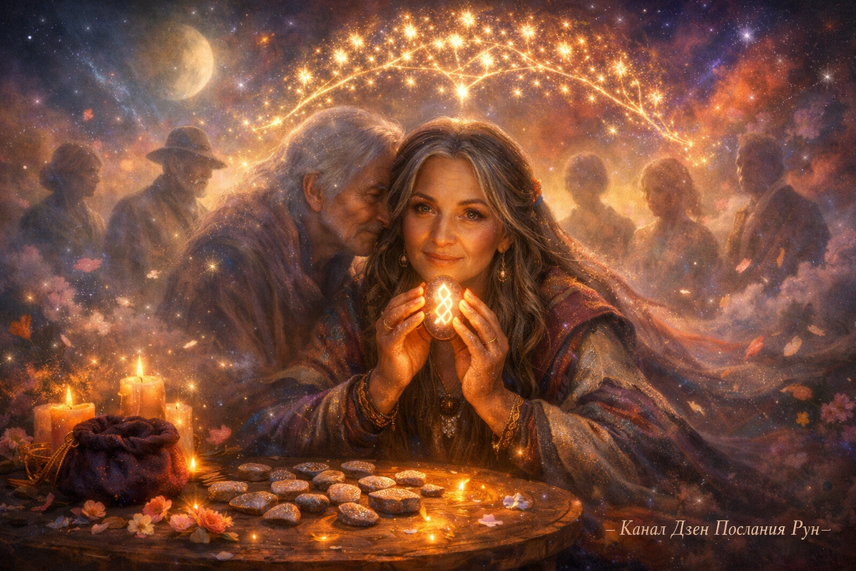 Гадание на рунах о том, какое послание передают предки: сила Рода, защита и поддержка. Мудрая гадалка держит руну, а за её спиной — силуэты предков, напоминающие: Вы не одиноки