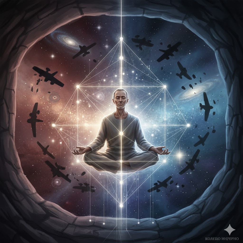 "Точка Веданты: Вертикаль духа над жерновом Инферно", иллюстрация создана сетью Джемини