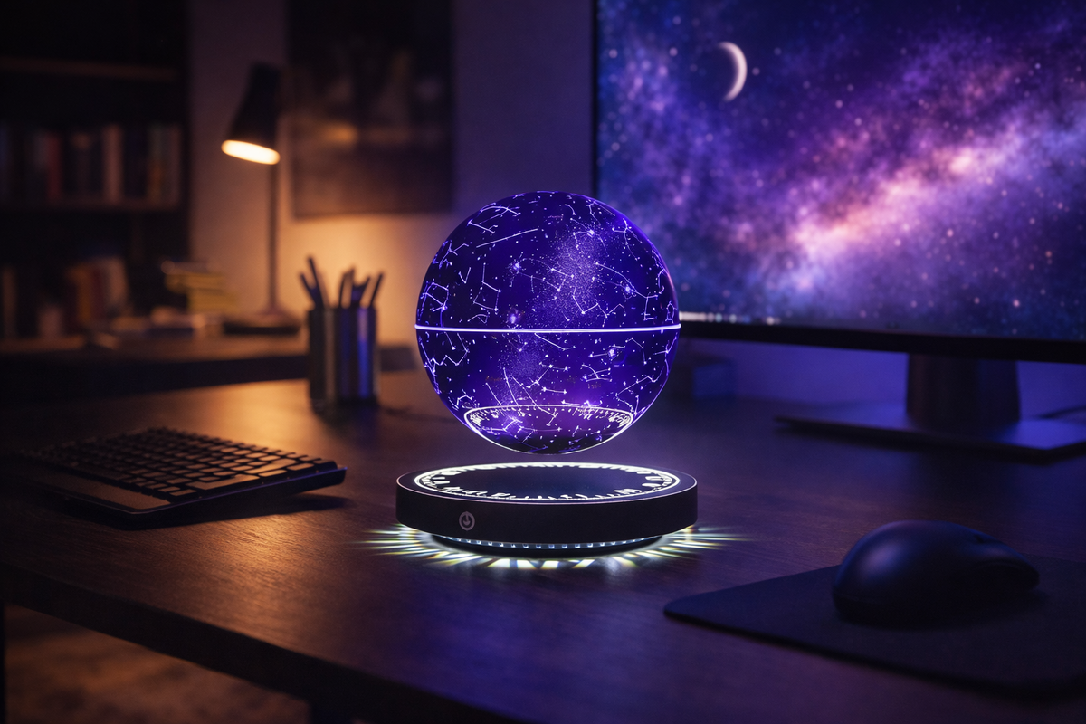 Лампа-глобус с эффектом левитации в интерьере домашнего кабинета