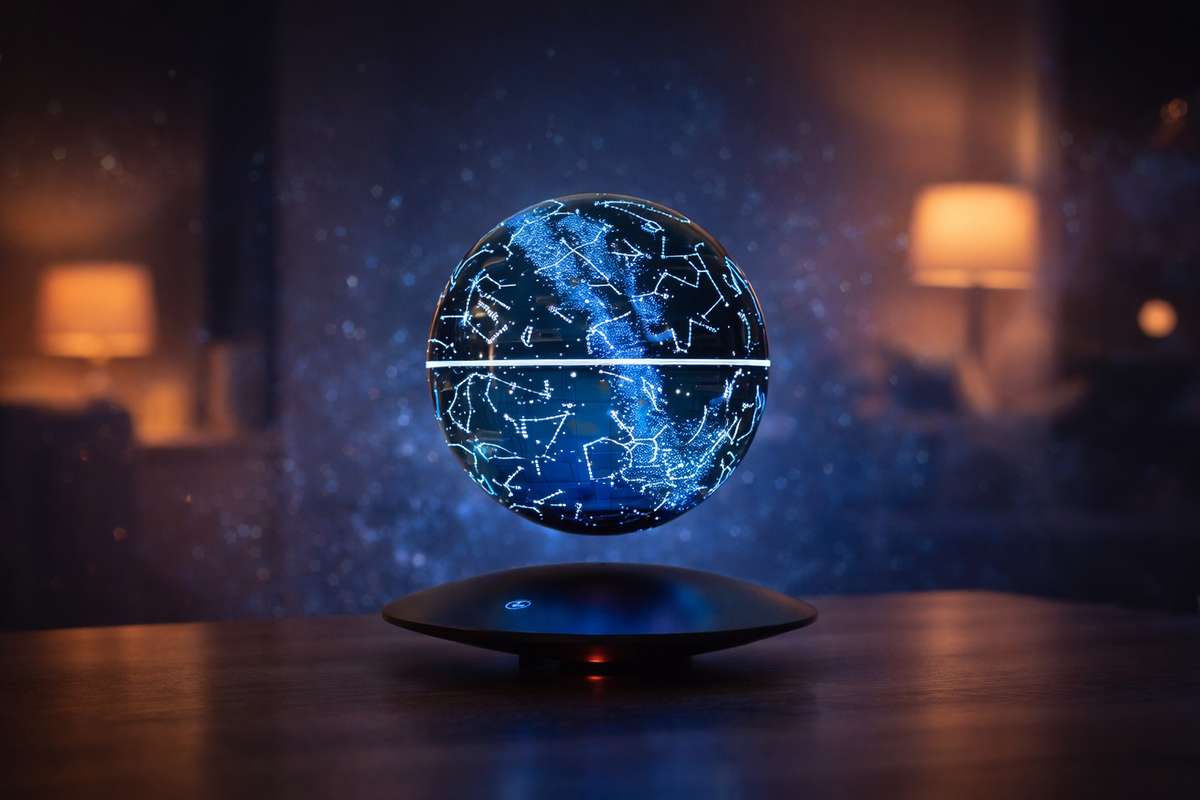 Парящий глобус с LED-подсветкой создаёт эффект антигравитации и мягкую атмосферную подсветку.