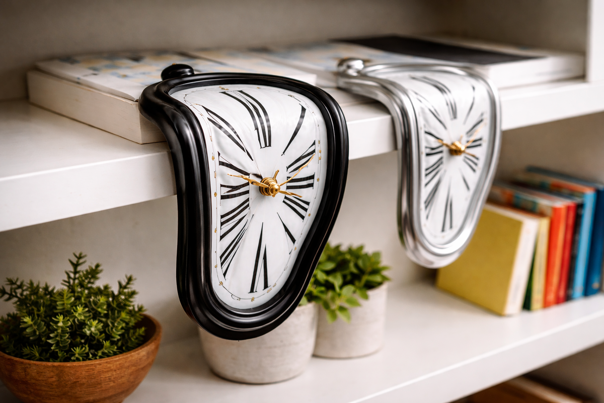 Часы эффектно «стекают» через край полки, создавая иллюзию тающего времени.