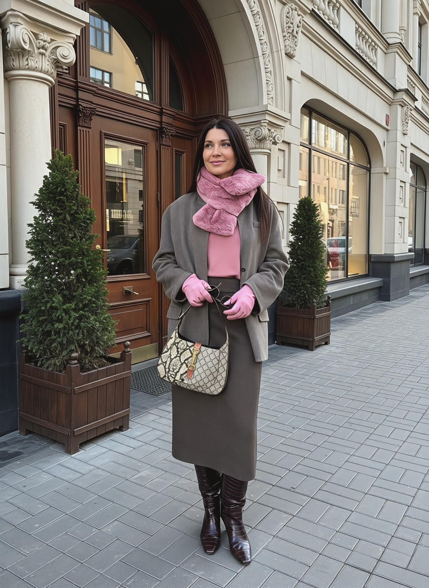 Серо-коричневый костюм (жакет без воротника и юбка А-силуэта), приглушенно-розовый лонгслив, розовый меховой шарф и шоколадные сапоги с квадратным носом