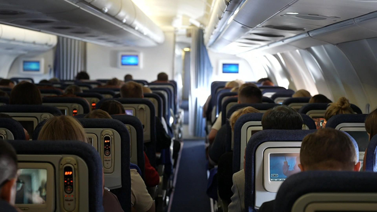    Пассажиры в салоне самолета