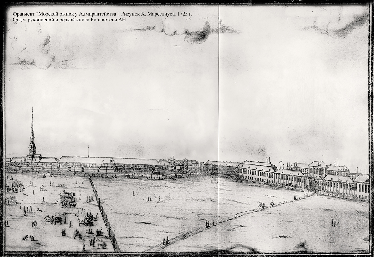 Франмент. Морской рынок у Адмиралтейства. Рисунок X. Марселиуса. 1725 г. 