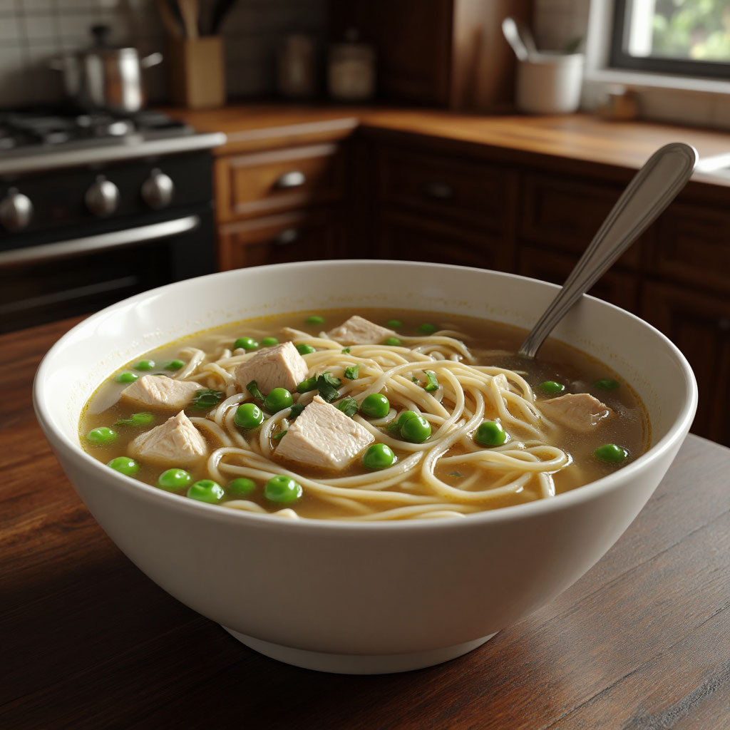 Куриный суп с вермишелью и зелёным горошком: лёгкий и сытный обед за полчаса 🍲🐔