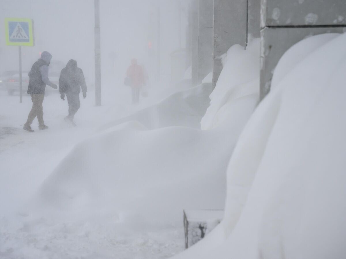    Люди на одной из улиц Южно-Сахалинска во время снегопада | © РИА Новости / Сергей Красноухов