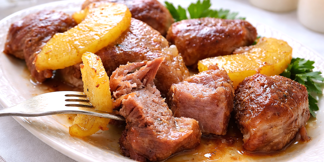 Свинина с ананасами в духовке без сыра и майонеза. Сочное мясо, которое получается мягким всегда