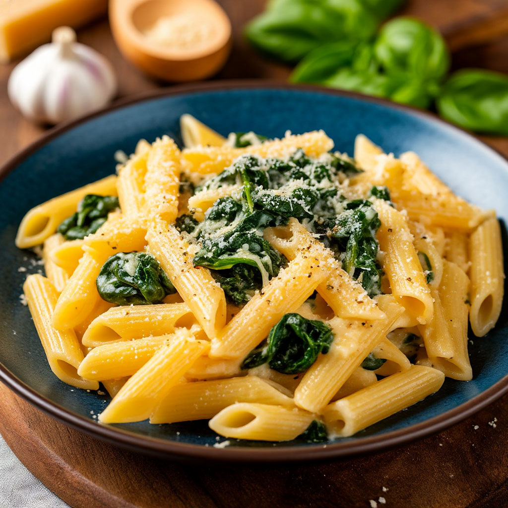 Паста с брынзой, шпинатом и сливками