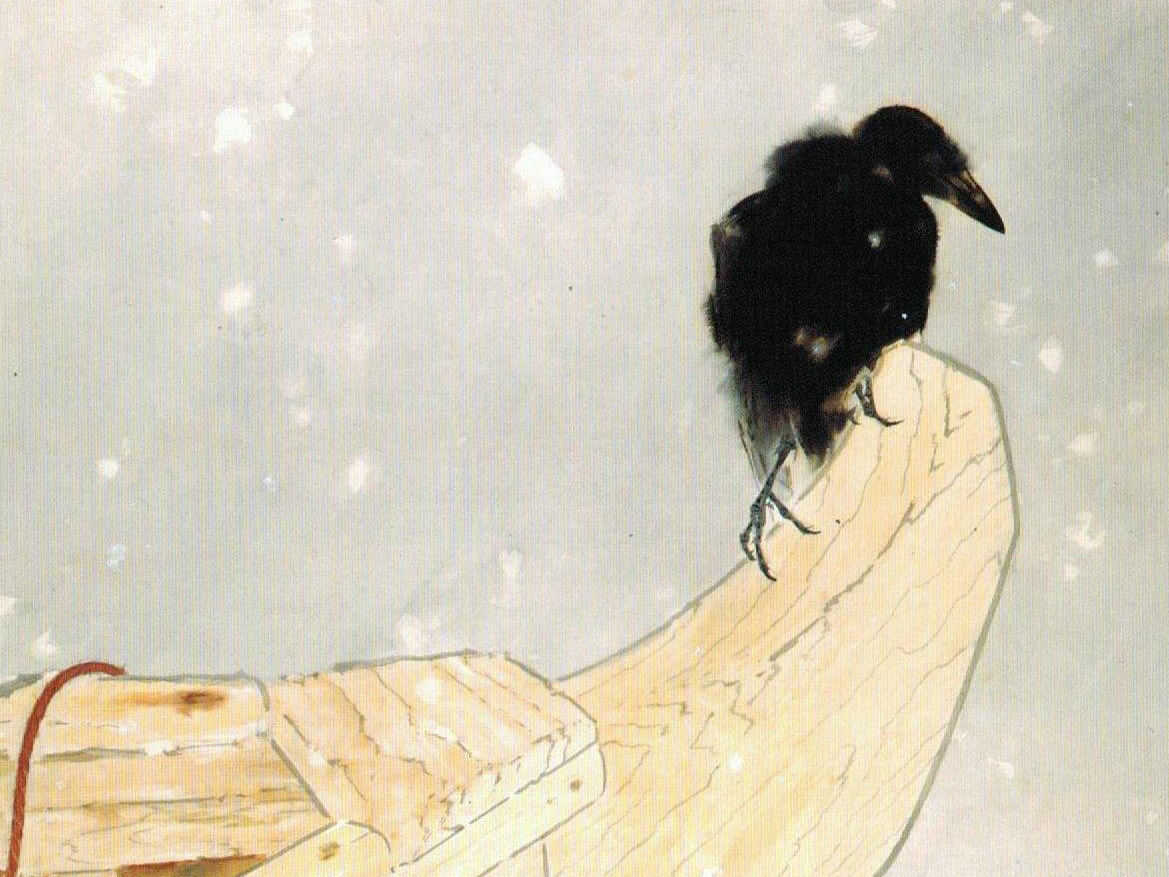  Такеучи Сейхо (竹内 栖鳳, 1864–1942). «Озябший ворон» (寒鴉), конец 1930-х.  Фрагмент