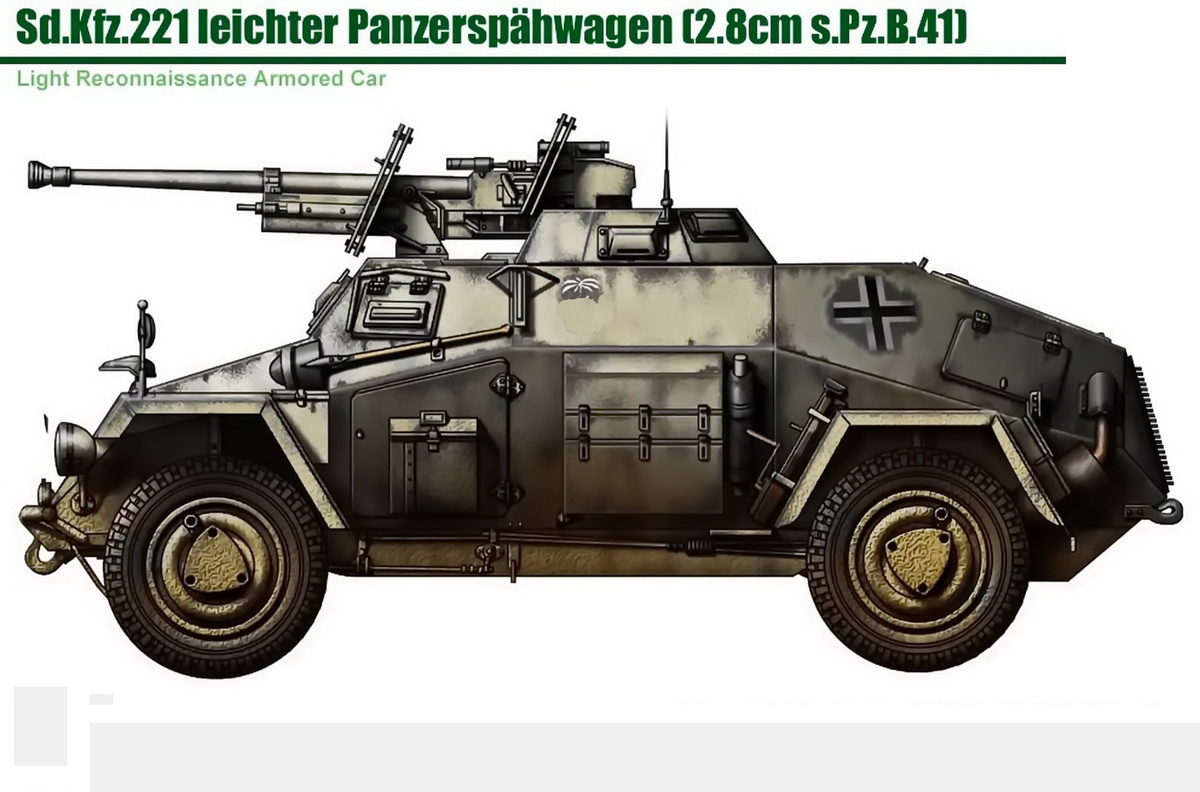 Бронеавтомобиль Sd.Kfz.221, вооружённый ПТО s.Pz.B.41. Общий вид. Судя по эмблеме Африканского корпуса на борту, БА принадлежит одному из его разведывательных подразделений. Данный БА уже оборудован радиостанцией (видна её антенна).