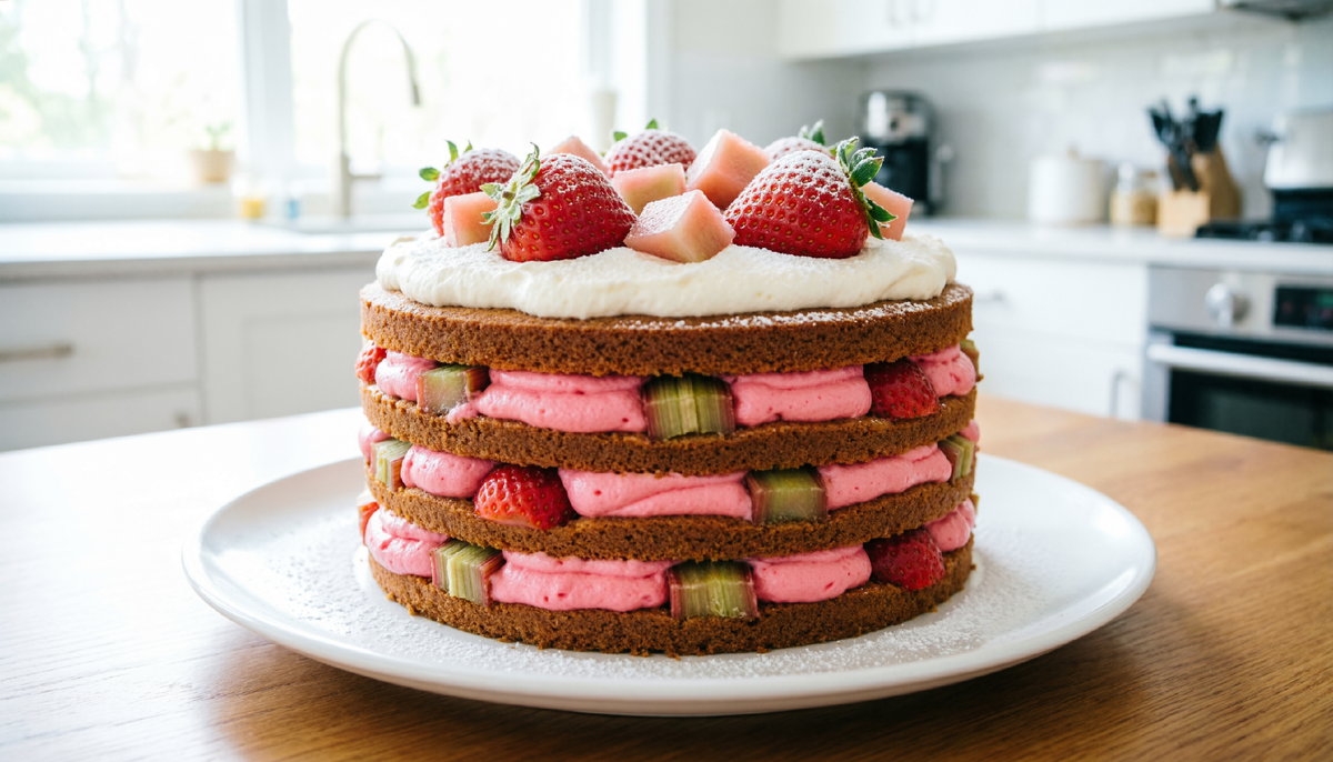 Торт с клубничным кремом и ревенем