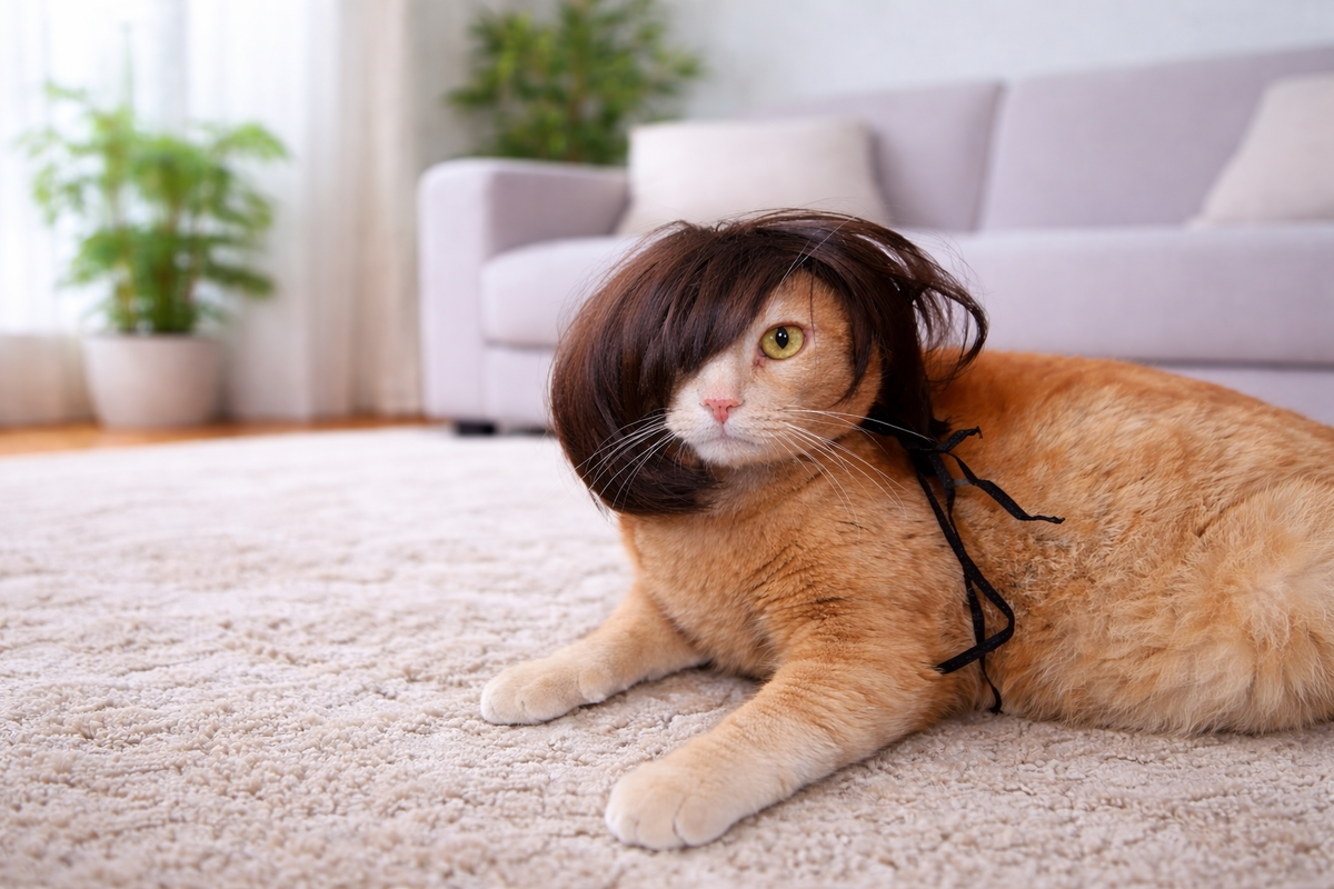 Парик для животных с чёлкой на рыжем коте — пример посадки